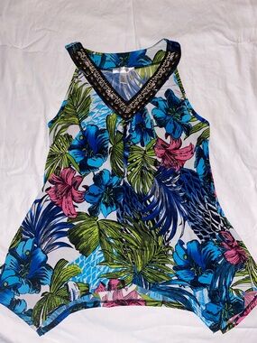 dressbarn Tropical Floral Beaded V-Neck Tank - Blue, Pink & Green